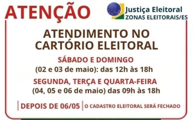 Lettering com as informações de horário especial dos cartórios nos dia 02 a 06 de maio