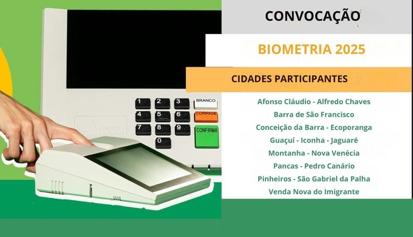 Imagem de uma urna eleitoral com um dedo indicador com fundo verde e amarelo convocando os munic...