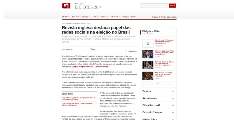 TRE-ES G1 Print Revista inglesa destaca papel das redes sociais na eleição no Brasil G1 Print
