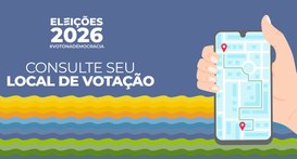 Ilustração com fundo azul e ondas coloridas na base, exibindo o texto "Eleições 2026", a hashtag...