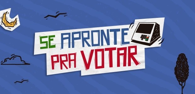 TSE lança campanha “Se apronte pra votar” No meio de um banner com fundo azul, observa-se um faixa branca, dentro da qual está escrito “se...